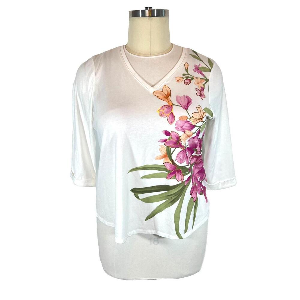 Chico's Top Women XL White Knit Floral V-neck Cuffed